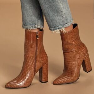 LULUS DAWSON TAN CROCODILE POINTED TOE MID-CALF BOOT
